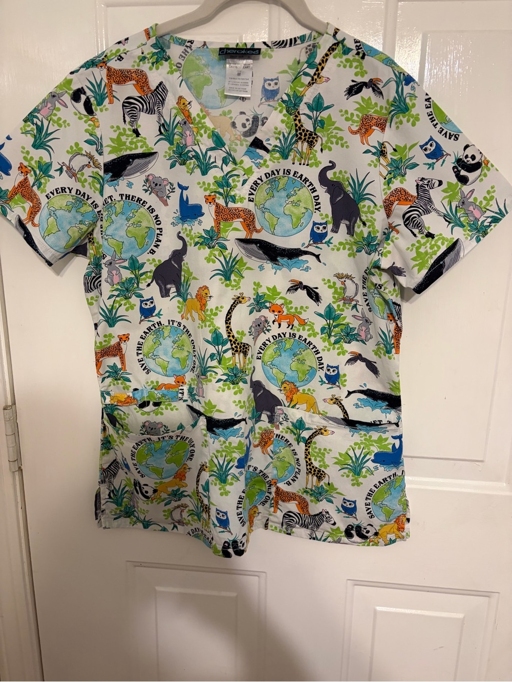 Cherokee Women's Adorable "Every Day is Earth Day" Scrub Top w/Animals Medium
